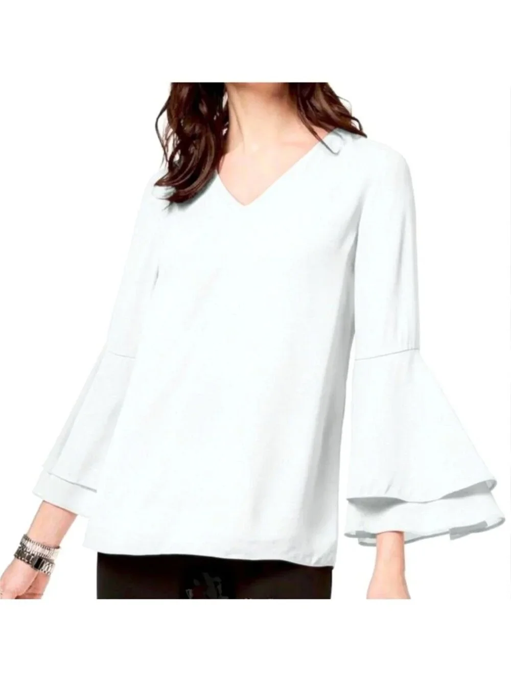 Alfani White‎ Tiered Bell Sleeve Lined Blouse Top Shirt Size 4 V-Neck Tunic
